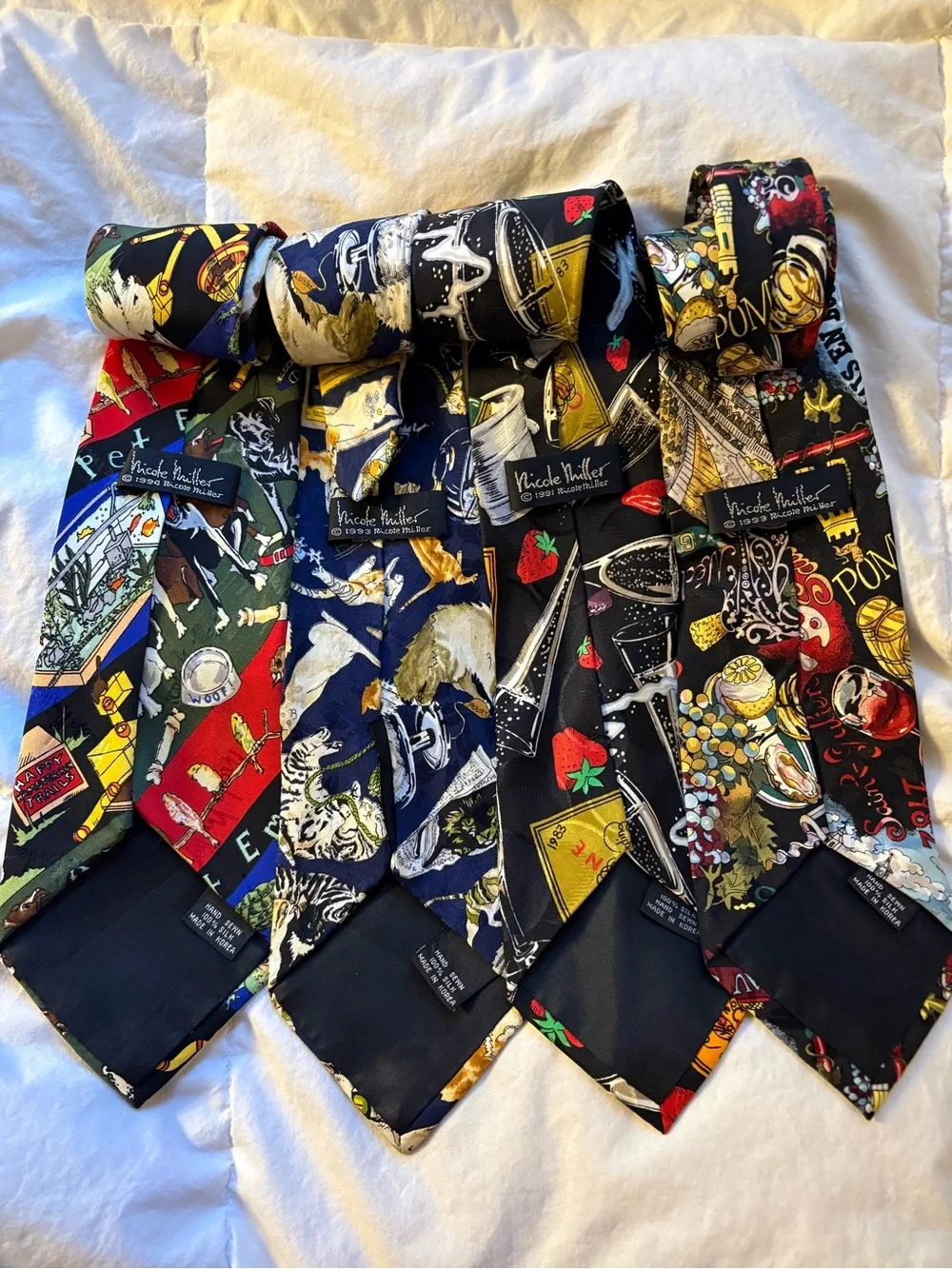 Nicole Miller Silk necktie set; Cats, Dogs, Wine/Food, Nice!